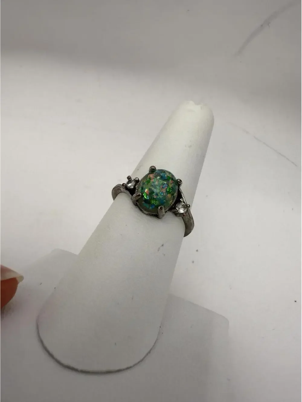 Silver Ring with Multicolor Opal-like Stone and Side Accents Size 7